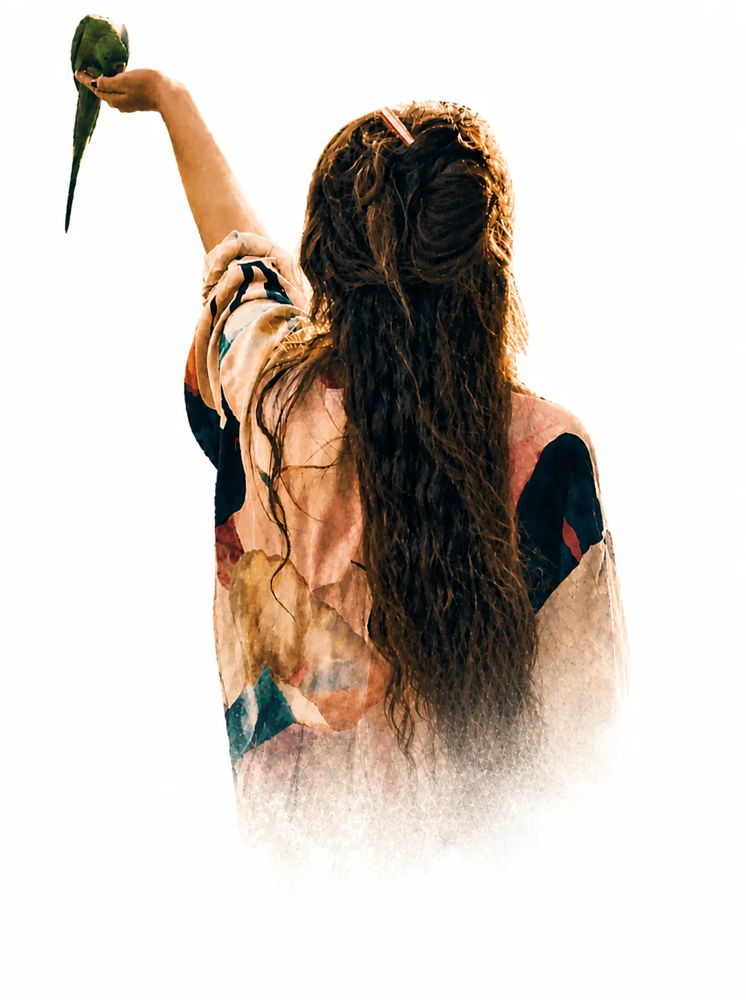 Basia from behind, arm raised holding a green parrot, dispersing into a tessellated pattern at the hem